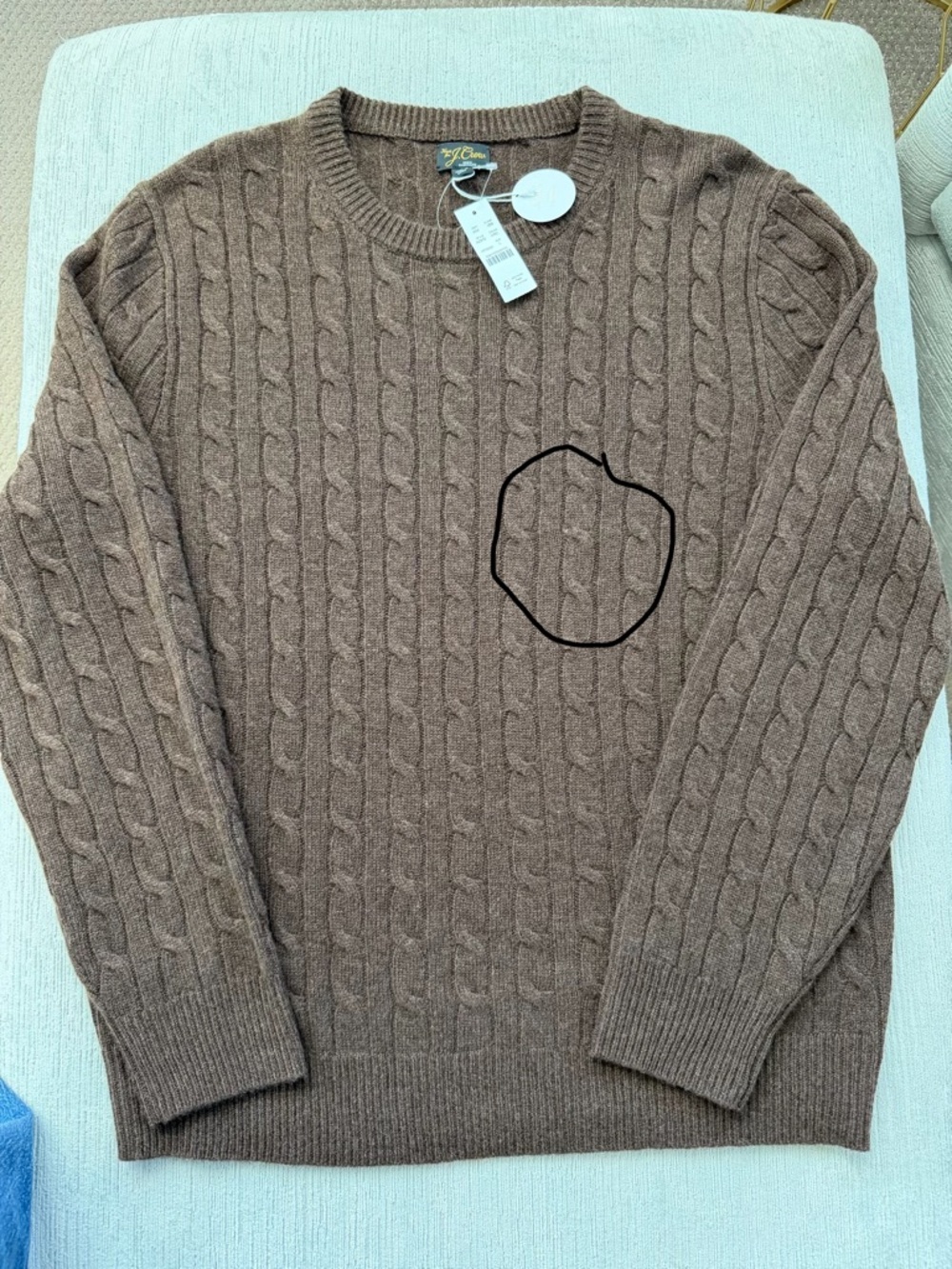 J.Crew 100% Cashmere Cable-Knit Crewneck Sweater Brown Men’s Size L NWT Repaired - Picture 6 of 10